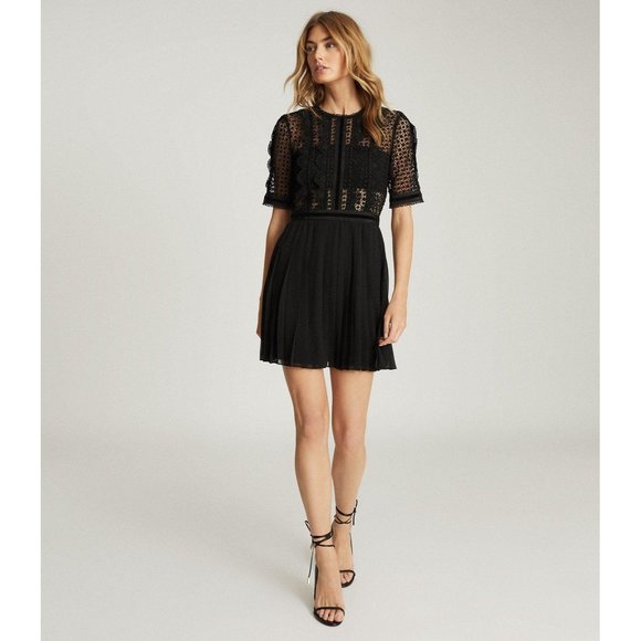 Reiss Dresses & Skirts - NWT Reiss Athena Lace Top Pleated Black Mini Dress, Size 6